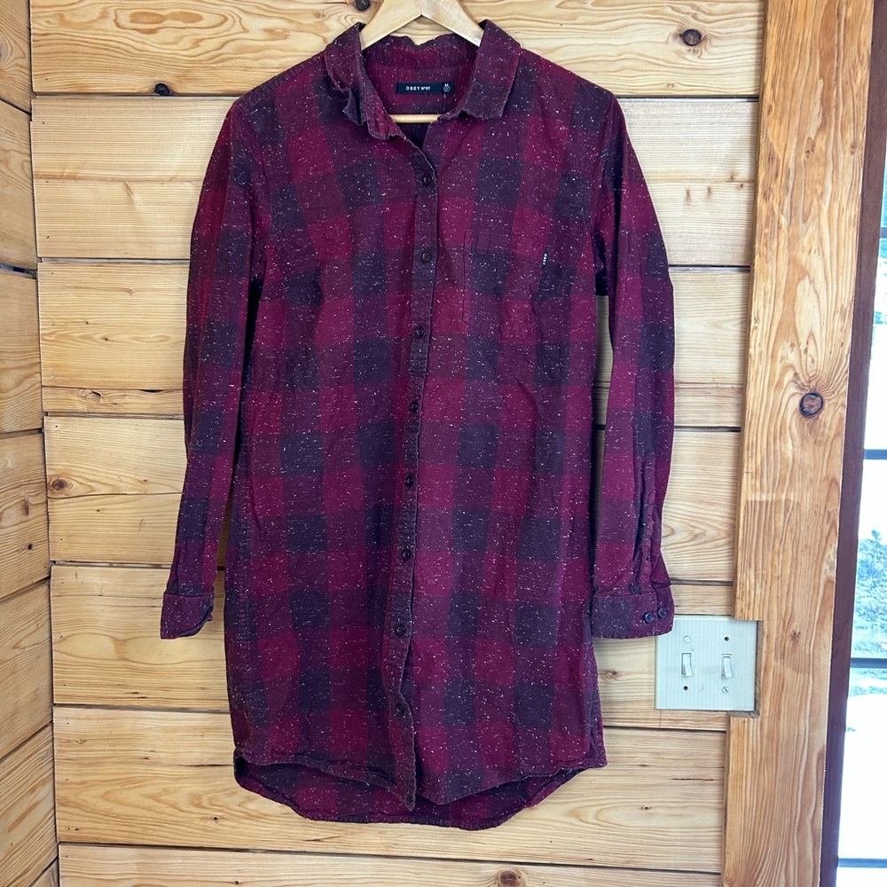 Vintage Obey‎ Women’s Medium Plaid Red Black Mini Dress Tunic Western Farm Work